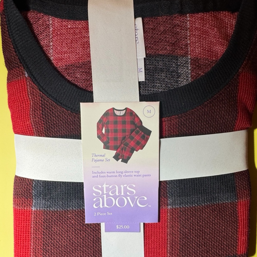 stars above Red and Black Buffalo Plaid Thermal Pajama Set